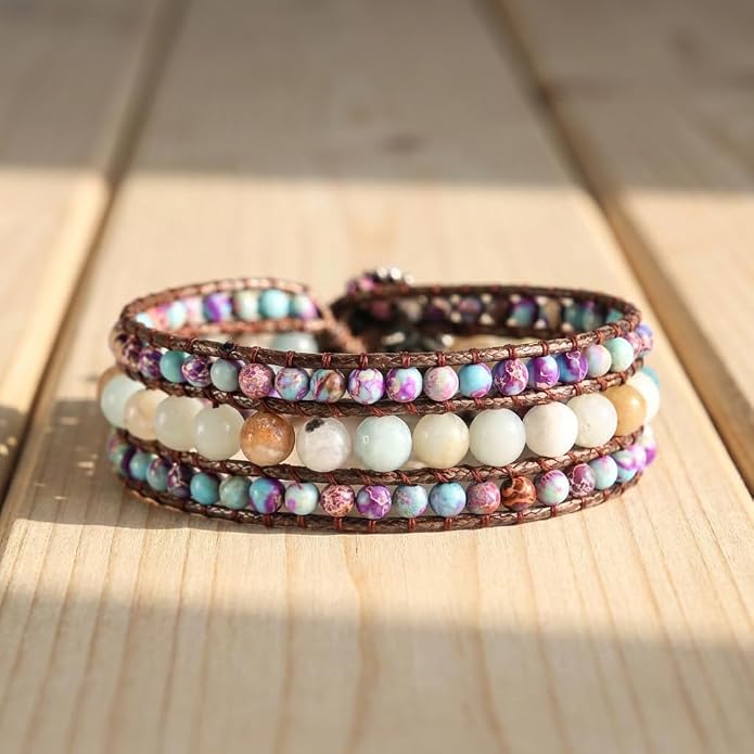YGLINE Boho Handmade Natural Stone Bead 3 Row Wide Wrap Wrist Statment Bracelet Jewelry Collection