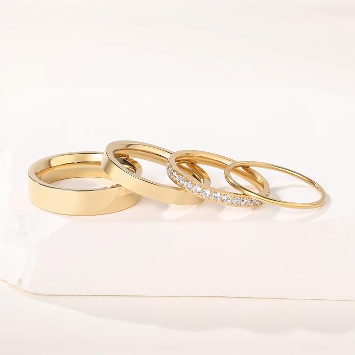 4 Pcs 14k Gold Filled Rings for Women Non Tarnish Wedding Bands Stacking Rings for Women Titanium Steel CZ Simulated Diamond Knuckle Ring Set