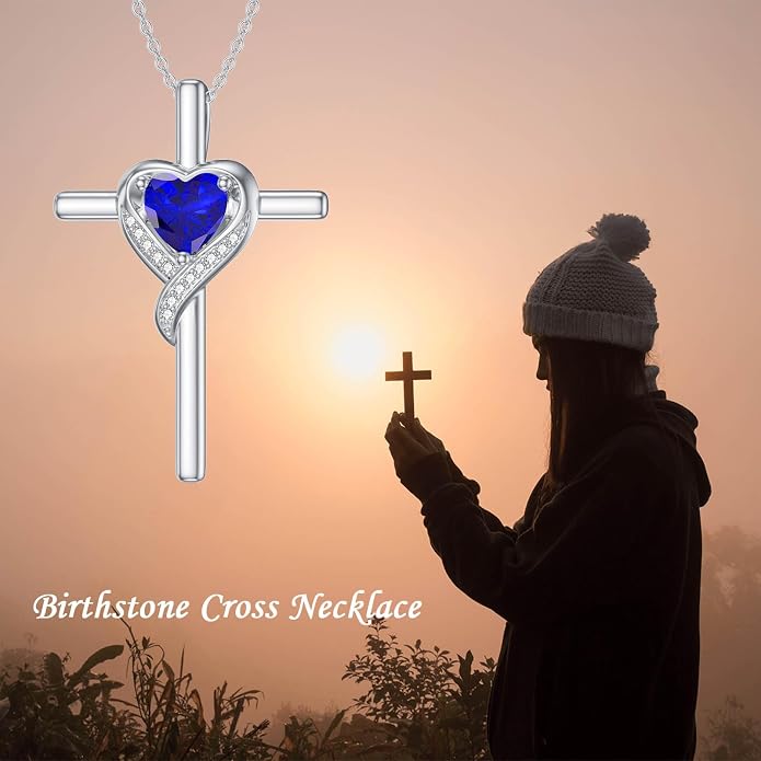 TOUPOP Birthstone Cross Necklace for Women 925 Sterling Silver Heart Cross Pendant Necklace Mothers Day Birthday Jewelry Gifts for Mom Wife Her