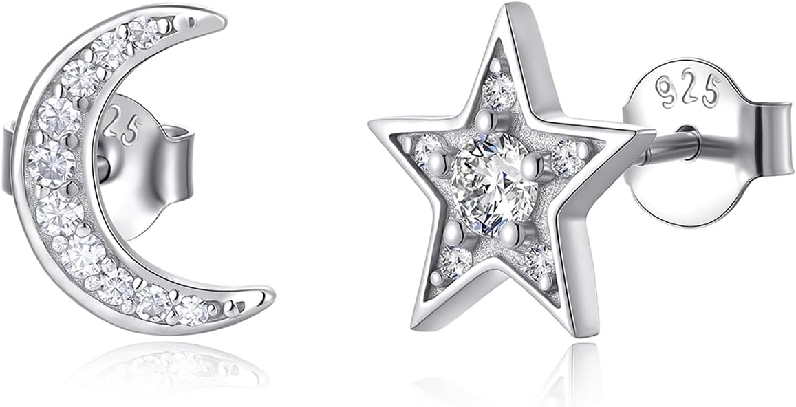 Asymmetrical Moissanite Stud Earrings for Women, Star and Moon Design, D Color VVS1 Clarity Moissanite, 925 Sterling Silver with 18K White Gold Plated, Fire Brilliance Hypoallergenic Jewelry Gift for Her