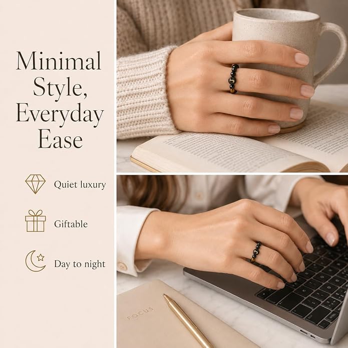 Initial Ring for Women, Black Onyx Beaded Stretch Letter Ring | Personalized-style A-Z initial ring with black onyx beads, shell letter bead, stretch fit, and gift-ready box