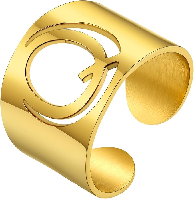KeyStyle Bold Initial Letter Rings Adjustable, GoldChic Jewelry Women Gold Statement Ring Personalized Engraved Women’s Open Signet Ring for Party (Gold, White Gold, Black)