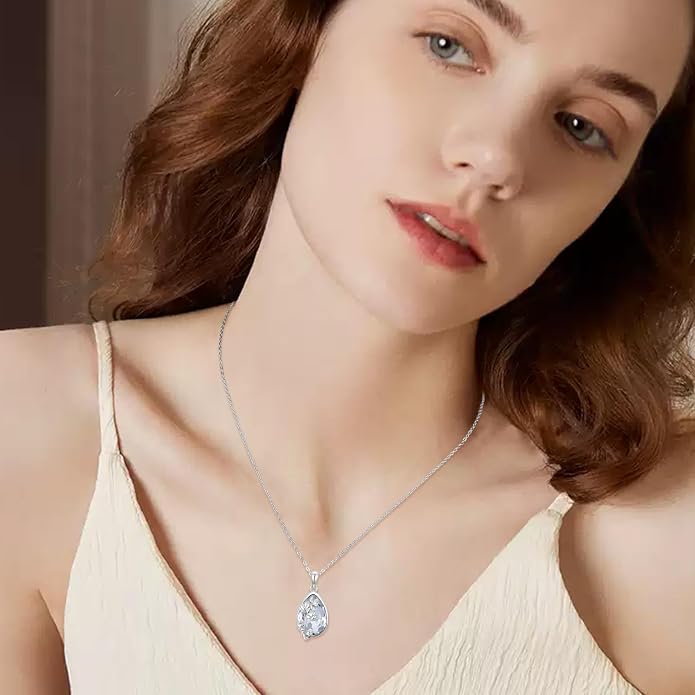925 Sterling Silver Birth Flower Necklace with Teardrop Shaped Birthstone - 12 Colors, 12 Kinds of Flower - Ideal Birthday Jewelry Gift for Women, Mothers, Daughters & Wives