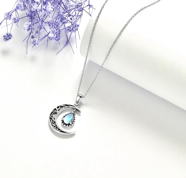 VONALA Crescent Moon Necklace Sterling Silver Emerald/Red/Purple/Black/Rainbow Topaz/Green/Aquamarine/Blue/Moss Agate Celtic Moon Teardrop Necklace Celtic Jewelry Gifts for Women Birthday