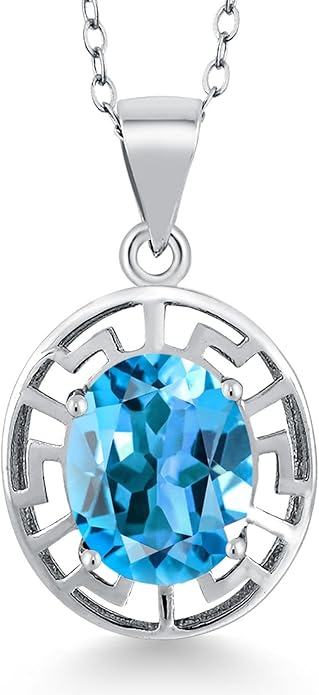 Gem Stone King 925 Sterling Silver 10X8MM Oval Gemstone Birthstone Necklace | Greek Key Pendant Necklace for Women | With 18 Inch Silver Chain