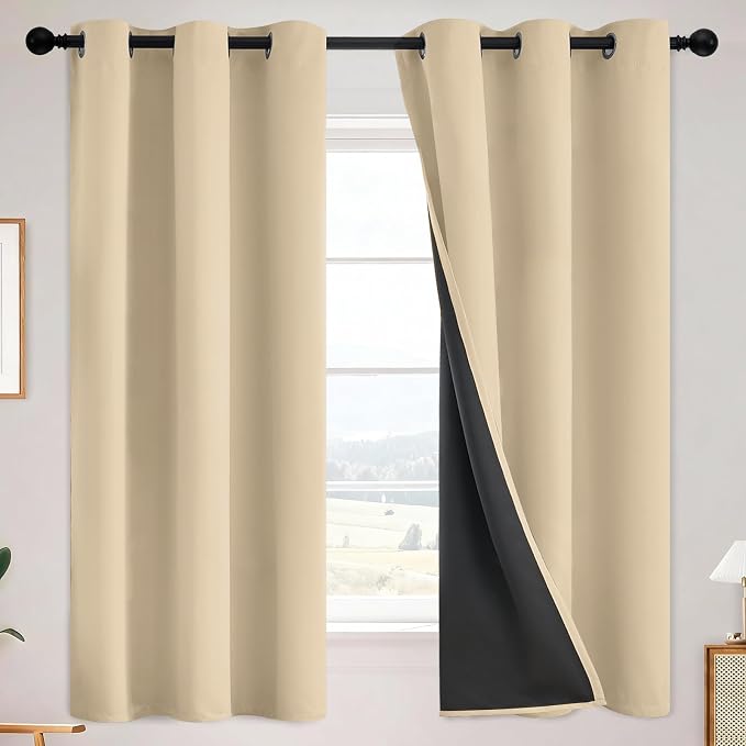 SimpleHome Beige 100% Blackout Curtains Room Darkening Living Room 63 Inch | Curtains for Bedroom,Thermal Insulated Grommet Window Drapes,Curtains for Living Room with Black Back,38 x 63 Inch,2 Panels