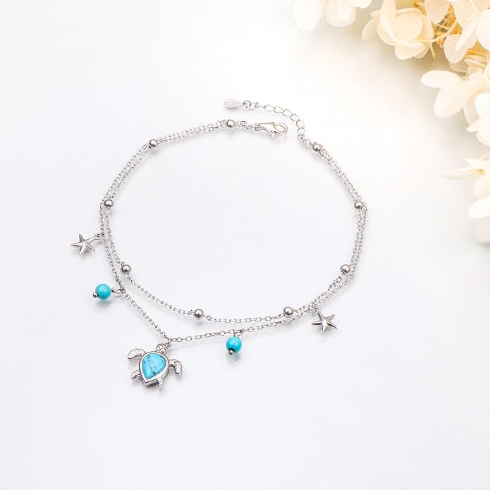 Ladytree S925 Sterling Silver Boho Beach Double Layer Anklets Bracelet for Women Adjustable 9 to 11 inches