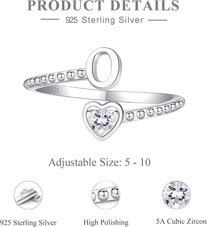 Step Forward 925 Sterling Silver Adjustable Initial Ring for Women | Non Tarnish Letter Rings for Lady | Alphabet Heart Thumb Rings | Capital Letter Jewelry Gifts