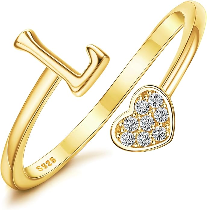 MILACOLATO 925 Sterling Silver Initial Rings for Women Teen Girl 18K Gold Plated Heart Initial Rings Adjustable Capital Letter Ring Stackable Thumb Pinky Rings for Daughter Birthday Bridesmaid Gifts Jewelry, A to Z