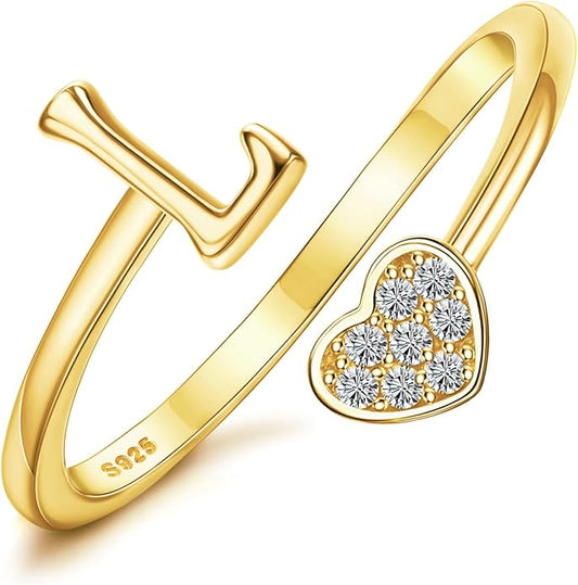 MILACOLATO 925 Sterling Silver Initial Rings for Women Teen Girl 18K Gold Plated Heart Initial Rings Adjustable Capital Letter Ring Stackable Thumb Pinky Rings for Daughter Birthday Bridesmaid Gifts Jewelry, A to Z
