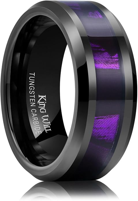 King Will Black Tungsten Wedding Band For Men, 8mm Promise Ring Inlay Red Twill Pattern/Colorful Wood Chips, High Polished Beveled Edge - Suitable For Daily Wear, Comfort Fit Size 7-14
