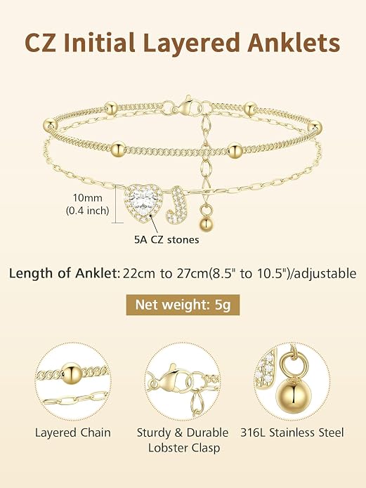 FindChic Silver/14K Gold Plated Layered CZ Initial Ankle Bracelet for Women | Waterproof Stainless Steel, Cubic Zirconia Letter Charm, Non-Tarnish, Hypoallergenic, Adjustable Extender, Summer Jewelry
