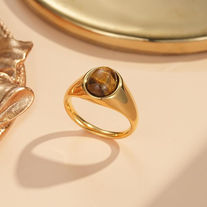 YeGieonr Gold Signet Rings for Women Non Tarnish Gold Rings, Waterproof Gemstones Statement Ring, 18K Gold Plated Stainless Steel Gem Stone Jewelry Gift for Everyday Wear