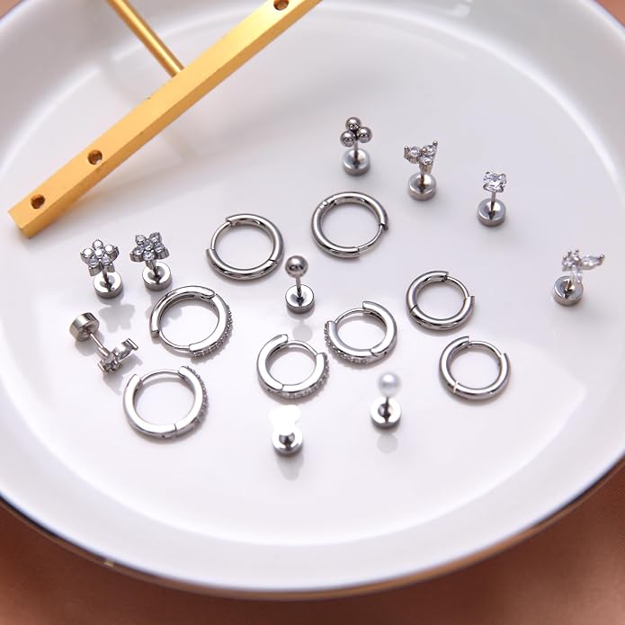 Stainless Steel Stud Earrings Set for Women Hypoallergenic Flat Back Cartilage Earrings Screw Back Huggie Hoop Earrings Multiple Piercing Cubic Zirconia Helix Tragus Jewelry