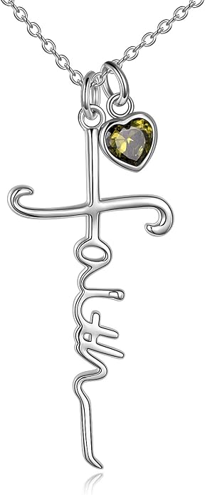 Faith Cross Necklace For Women Birthstone Sterling Silver with Simulated Birthstone Cross Jewelry Christian Gifts