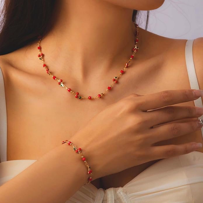 Cherry Bracelet for Women Gold Evil Eye Link Bracelet Dainty Flower Daisy Bracelets Pearl Butterfly Heart Charm Bracelets Adjustable Summer Beach Jewelry