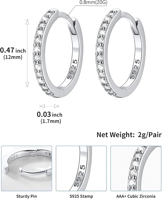 SILVERCUTE 925 Sterling Silver Huggie Hoop Earrings for Women,Hypoallergenic Small Hoop Earrings Lightweight Silver/14K Gold Hoops Cartilage Earrings for Women,8/10/12mm