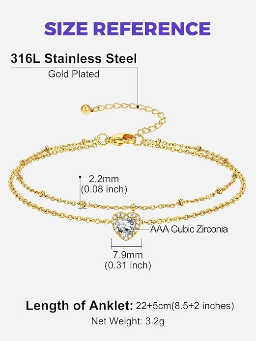 Richsteel Double Layer Heart/Butterfly Birthstone Anklet for Women Non Tarnish Waterproof, Silver/Gold/Black Stainless Steel 8.5-10.5 Inch Adjustable Chain Anklets Jewelry Gifts for Her