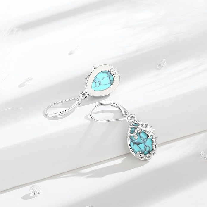 Vito 925 Sterling Silver Teardrop Earrings for Women, Moonstone Turquoise Drop Dangle Earrings Cat Snake Turtle Tree of Life Leverback Earrings Boho Jewelry Gift for Mom Wife