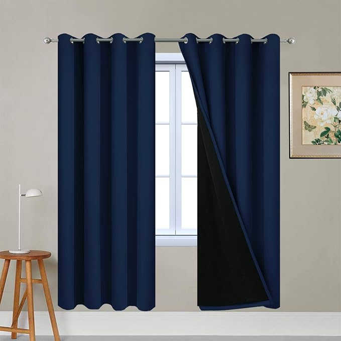 Yakamok 100% Blackout Curtains with Black Liners, Thermal Insulated Full Blackout 2-Layer Lined Drapes Room Darkening Curtain Panel for Bedroom(Navy Blue, 2 Panels, W52 x L72) | Blackout Curtain Panels for Bedroom, 2 Thick Layers Grommet Top Thermal In...