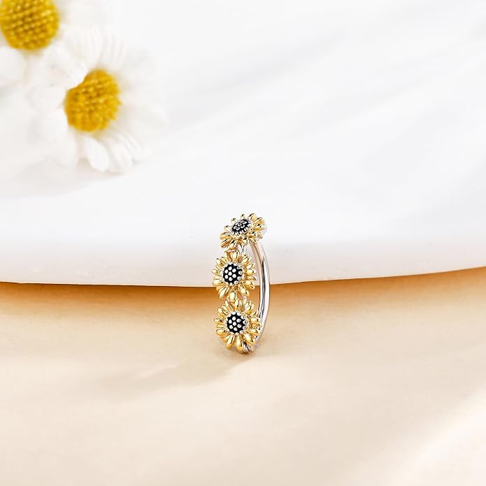 Sunflower Daisy Belly Button Ring Dangle Hoop 925 Sterling Silver Hypoallergenic Belly Button Piercing Body Navel Rings Sexy Belly Button Jewelry Gifts for Women (14G)