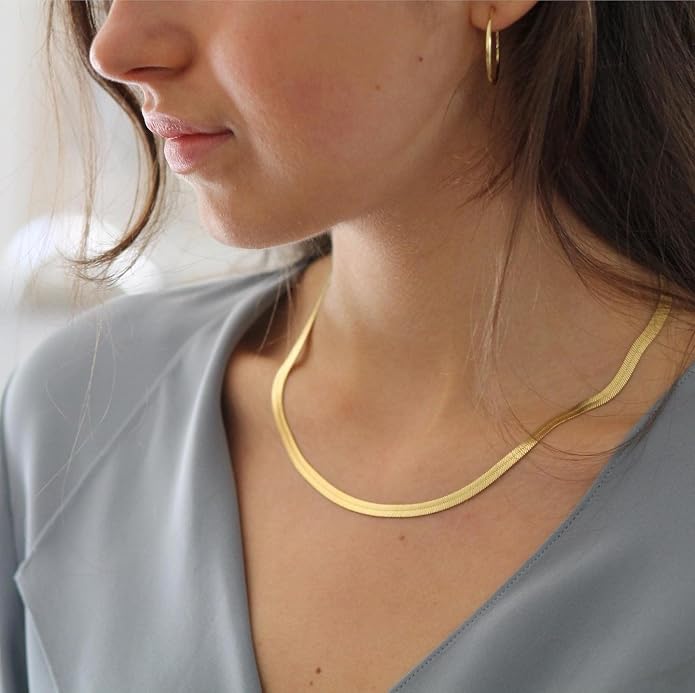 DEARMAY 14K Gold Plated Herringbone Necklaces for Women, Dainty Gold Snake Choker Chain Non Tarnish Trendy Simple Thin & Chunky Options Neckalce 1.5/3/5/6/8mm Chain Jewelry for Gifts