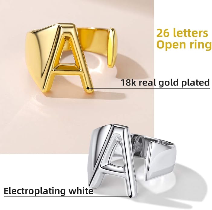 KeyStyle Bold Initial Letter Rings Adjustable, GoldChic Jewelry Women Gold Statement Ring Personalized Engraved Women’s Open Signet Ring for Party (Gold, White Gold, Black)