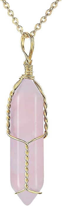 JADENOVA Full Wire Wrapped Energy Healing Crystal Gemstone Pendant Necklace 18" Stainless Steel Chain