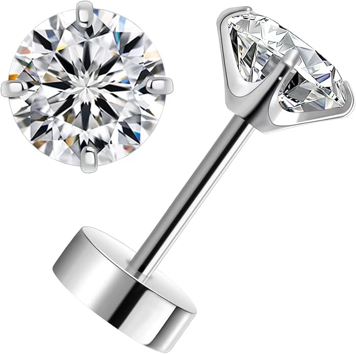Titanium Earrings for Women Stud Earrings Cubic Zirconia Dainty Screw Flat Back Hypoallergenic Earrings for Women for Multiple Cartilage Helix Conch Tragus Piercing Jewelry for Sensitive Ears