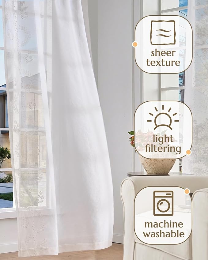 jinchan Belrose Linen Sheer Curtains for Living Room 96 Inch Length Sheer Voile Embroidered Floral Curtains for Bedroom Light Filtering Rod Pocket Window Treatments Farmhouse Decor 2 Panels White