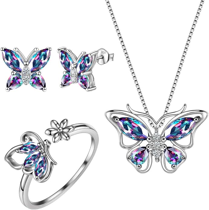 Aurora Tears Butterfly Jewelry,Women 925 Sterling Silver Butterflies Birthstone Pendant Necklace/Earrings/Rings Wedding Gift