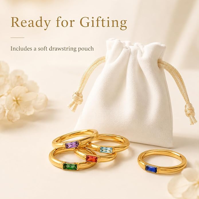 Birthstone Rings for Women, 18K gold plating stainless steel Dainty Stackable Rectangular Cubic Zirconia Birth Stone Ring To My Daughter/Mom Birthday Unique Gifts Jewelry