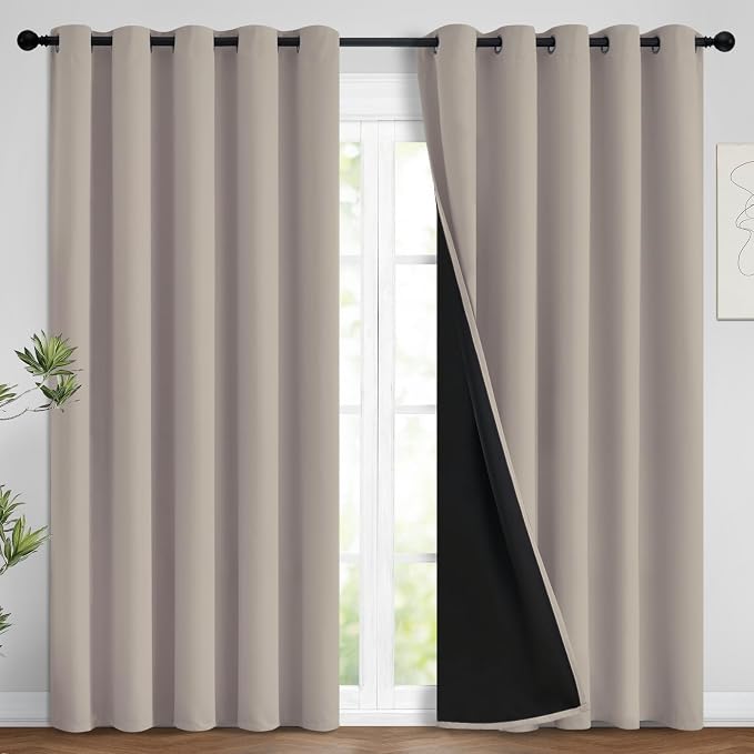 Yakamok Natural Blackout Curtains 96 Inches Long for Bedroom 62" Wide 2 PCS | Blackout Curtain Panels for Bedroom, 2 Thick Layers Grommet Top Thermal Insulated Drapes with Black Liner for Living Room