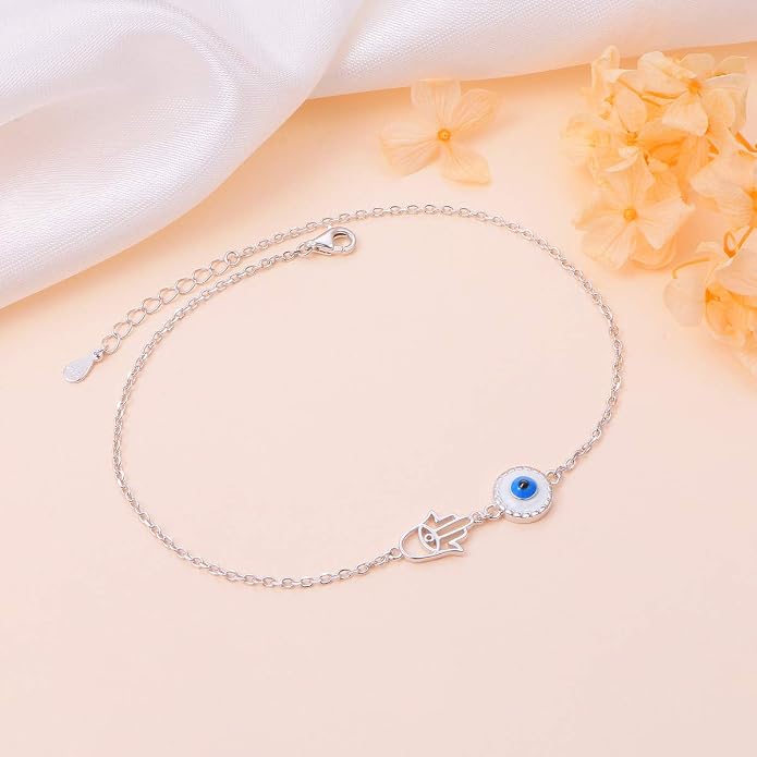 FLYOW S925 Sterling Silver Anklet for Women Summer Boho Beach Charm Adjustable Foot Ankle Bracelet Jewelry Birthday Gift