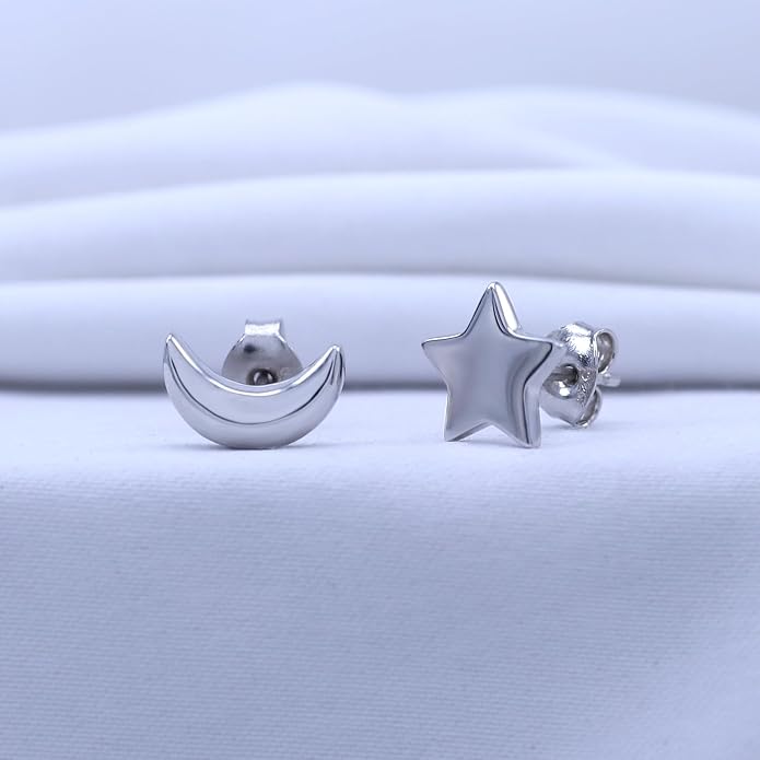 Asymmetric Earrings Half Moon And Star Lovely Charm Stud Earrings in 14K Gold Plated Sterling Silver With Push Back for her