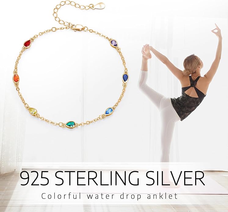 MEDWISE Sterling Silver Chakra Anklet 7 Chakra Beach Anklet Bracelet Link Chain Ankle Bracelet Gift for Women