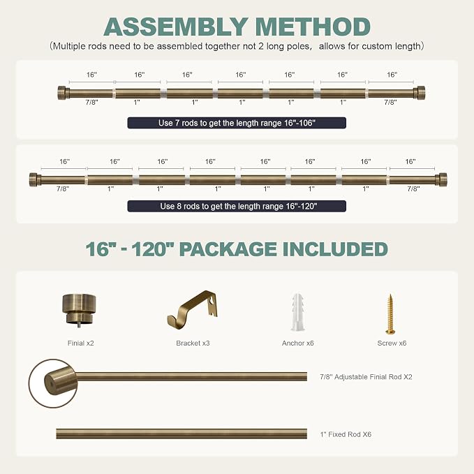 Lootkell Antique Bronze Curtain Rods for Windows 66 to 120 Inches Adjustable Length Heavy Duty 1" Diameter Window Curtain Rod with Solid Metal Finials for Outdoor Farmhouse Bedroom Kitchen Living Room