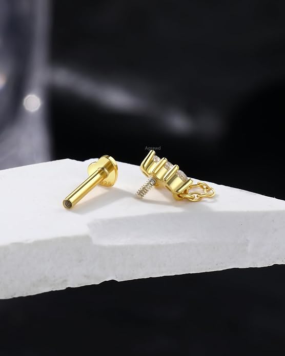 14K Gold Plated Cartilage Earrings Stud 16G 925 Sterling Silver Helix Heart Flat Back Earrings Dangle Internally Thread