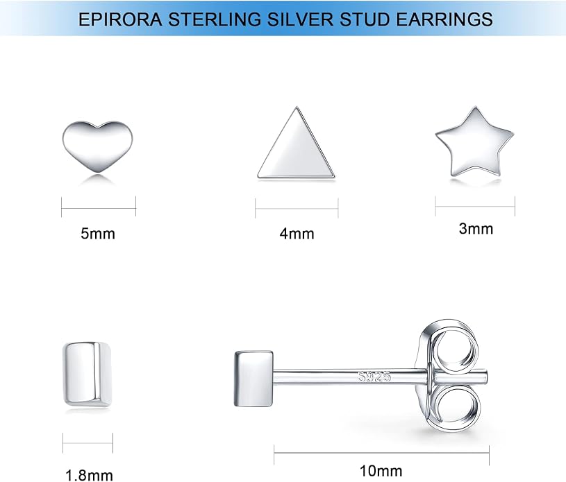 EPIRORA Sterling Silver Stud Earrings for Women Men- 4 Pairs of Hypoallergenic Simple Geometric Small Stud Earring Set Tiny Circle Triangle Square Bar Stud Earrings Mini Cartilage Tragus Earrings