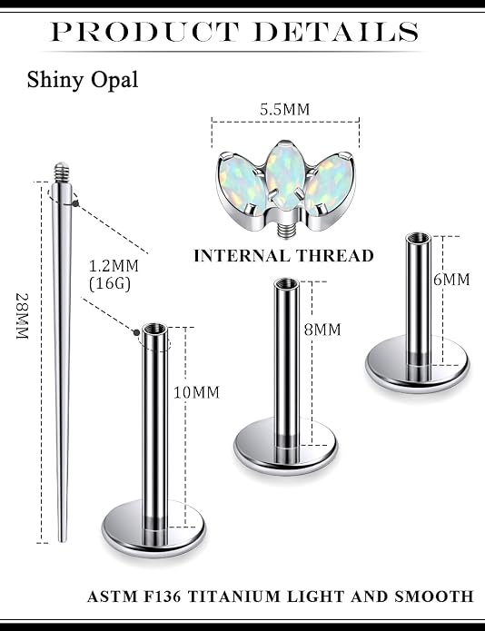 16G Astm F136 Titanium Internal Thread Flat Back Earrings Nose Studs Tragus Forward Helix Conch Cartilage Lobe Earrings Stud Medusa Labret Monroe Lip Ring Piercing Jewelry For Women Men