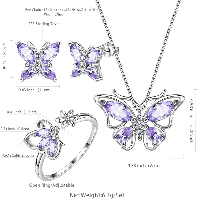 Aurora Tears Butterfly Jewelry,Women 925 Sterling Silver Butterflies Birthstone Pendant Necklace/Earrings/Rings Wedding Gift