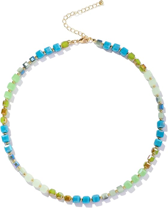 LALAPPLE Colorful Beaded Gemstone Necklace for Women, Boho Rainbow Bead Choker with Natural Stone Crystal Beads, Handmade Summer Beach Necklace Jewelry