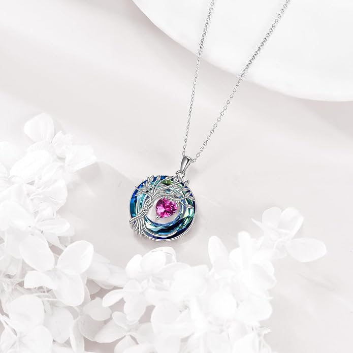 POPLYKE Mothers Day Gifts for Mom Her Wife Tree of Life Necklace 925 Sterling Silver Birthstone Pendant with Crystal Anniversary Birthday Wedding Jewelry for Women
