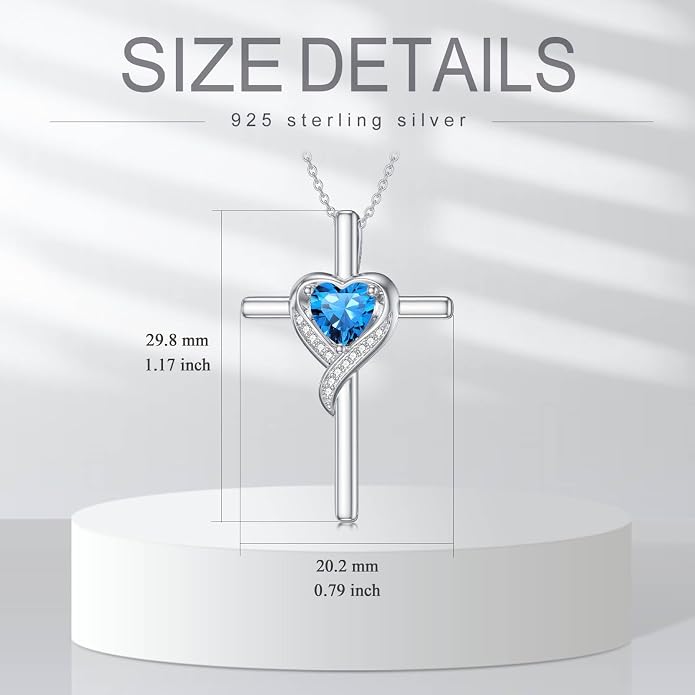 TOUPOP Birthstone Cross Necklace for Women 925 Sterling Silver Heart Cross Pendant Necklace Mothers Day Birthday Jewelry Gifts for Mom Wife Her