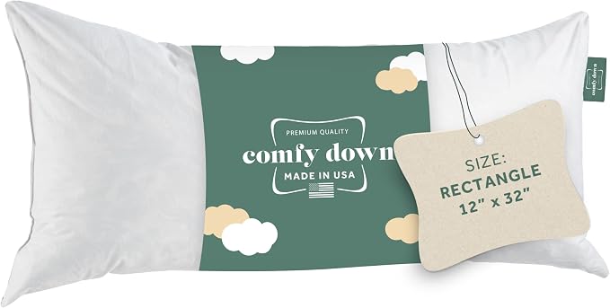 ComfyDown 12x32 Throw Pillow Insert, Down & Feather Fill, 100% Cotton Cover, Made in USA – Premium Soft Lumbar Decorative Pillow Form Sham Stuffer for Bed, Sofa & Couch
