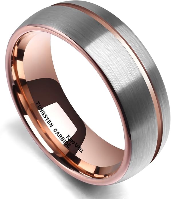 King Will Mens 8mm Rose Gold Groove/Gold Loop/Black Cross Groove Tungsten Carbide Wedding Ring Line Flat Pipe Cut Brushed Polished Comfort Fit 7-14