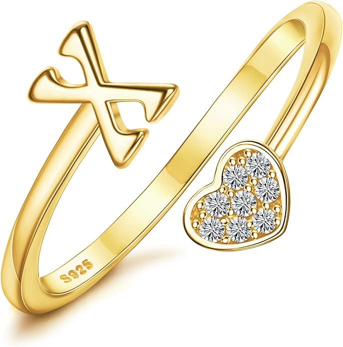 MILACOLATO 925 Sterling Silver Initial Rings for Women Teen Girl 18K Gold Plated Heart Initial Rings Adjustable Capital Letter Ring Stackable Thumb Pinky Rings for Daughter Birthday Bridesmaid Gifts Jewelry, A to Z