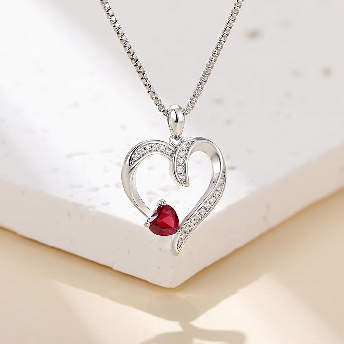 Love Heart Necklace for Women, 925 Sterling Silver Cubic Zirconia Birthstone Heart Pendant Jewelry Gift for Mom, Mother, Wife, Girlfriend on Birthday, Mother's Day, Chain 18 inch