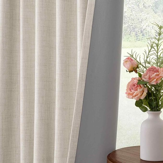 INOVADAY 100% Blackout Curtains 80 Inches Length 2 Panels Set, Back Tab/Rod Pocket Linen Black Out Curtains for Bedroom, Thermal Insulated Window Drapes - Cream, W50 X L80