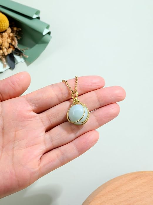 Jovivi Healing Crystal Stone Pendant Necklace Gold Wire Wrapped 16mm Natural Round Gemstone Ball Crystal Necklace for Women Men Reiki Quartz Jewelry